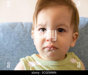 A toddler with brown eyes and light brown hair looks directly at the camera while sitting on a blue cushion in soft indoor light. Stock Photo