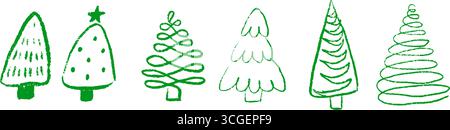Set of Christmas tree doodles. Hand drawn green wax crayon sketches with chalk textures and childlike squiggle lines. Cute Xmas vector isolated on Stock Vector