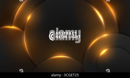 Golden color glow round abstract minimal neon background, vector glowing rounded light effect. Black circle layers illuminated, yellow light effect Stock Vector