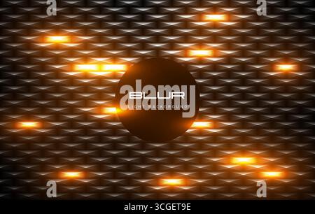 Vector black embossed metal grid background with hot light effect glow cells. Diamond shape futuristic dark iron techno texture. Dark crystal Stock Vector