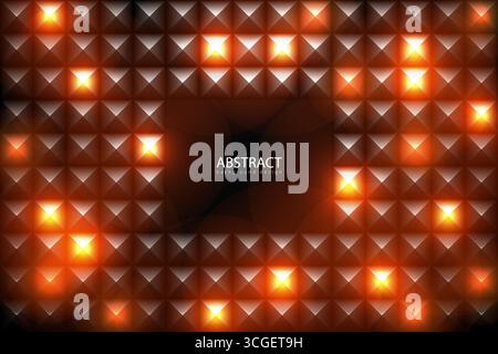 Vector black embossed metal grid background with red hot light effect glow cells. Diamond shape futuristic dark iron techno texture. Dark crystal Stock Vector