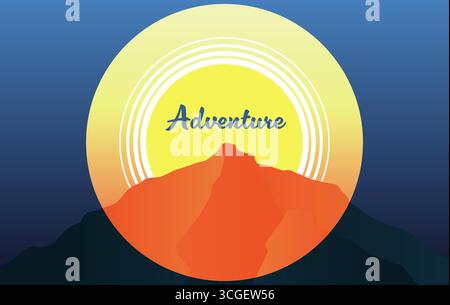 Minimalist adventure emblem with mountain silhouette, bright sun, and retro typography. Perfect for travel posters, outdoor branding, hiking, camping Stock Vector