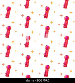 Seamless festive pattern with stylized Diwali lanterns in pink and orange and scattered yellow and orange stars on a white background. This digital ar Stock Vector
