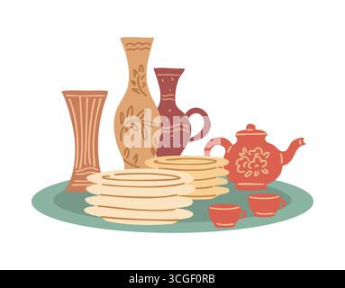 Set of vintage dishes, plates, pitchers, cups and teapots Stock Vector
