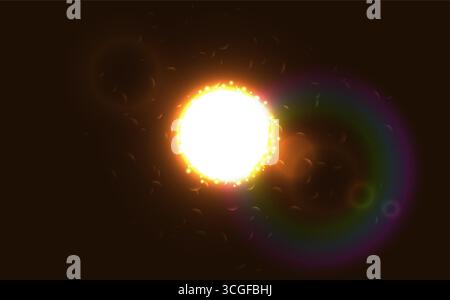 Bright abstract explosion of light with glowing particles and lens flare on dark background. Perfect for sci-fi themes, energy concepts, space visuals Stock Vector
