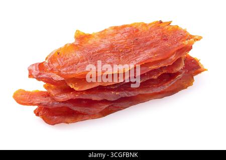 Smoked turkey meat lying in a stack in the form of slices isolated on a white background, meat with a long shelf life. Stock Photo