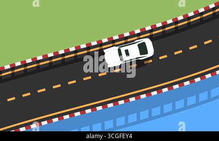 Vector illustration of a white car driving on a curved highway bridge over a river. Top view in flat minimal style. Transportation and travel concept. Stock Vector