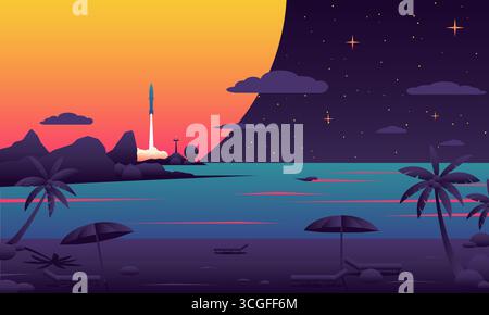 Colorful vector illustration of a rocket launching from a tropical island at sunset, with palm trees and beach chairs in the foreground, blending day Stock Vector
