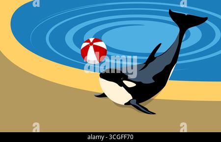 Vector illustration of an orca near a swimming pool with a beach ball. Fun and colorful animal scene in flat minimal style, ideal for summer, zoo Stock Vector