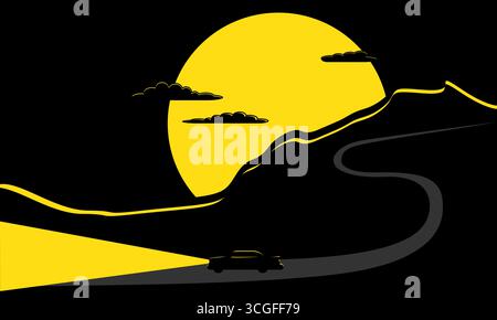 Minimal vector of a car driving on a winding mountain road at night. Headlights illuminating the path and a large yellow moon setting behind the hills Stock Vector