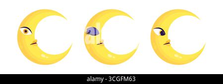 Set of crescent character in flat style. Cartoon crescent icons. Vector illustration Stock Vector
