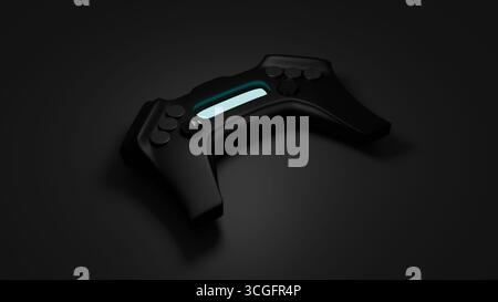 Futuristic black gamepad with glowing blue light on dark background. Stock Photo