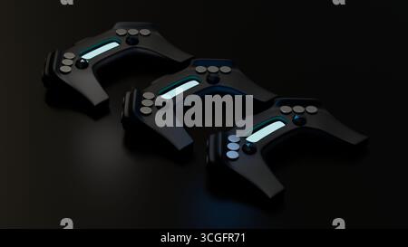 Two futuristic black gamepads with glowing blue details on black background. Stock Photo