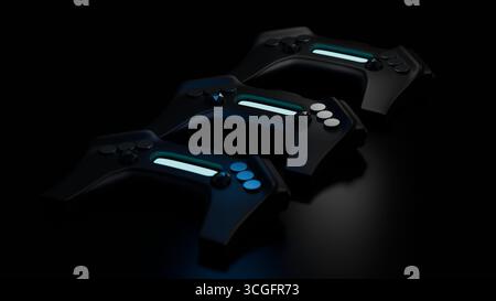 Group of futuristic gamepads with glowing blue details on black background. Stock Photo