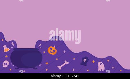 Halloween copy space purple background featuring elements like pumpkin, bone, ghost, and skull Stock Vector