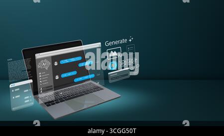Laptop with futuristic AI-powered chat interface and creative generation tools floating in digital space, concept of artificial intelligence, chatbot Stock Photo