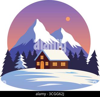 the tree house on snow field with mountains and trees. the sky is purple and pink with yellow moon Stock Vector