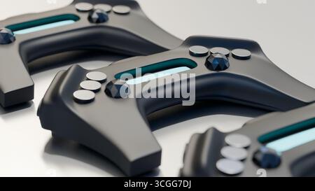 Modern futuristic black gamepad with blue glowing details on display. Stock Photo