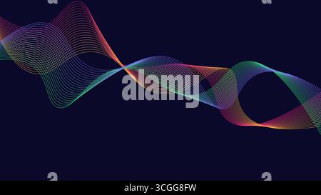 Vibrant flowing wave lines in rainbow gradient forming abstract curves on a dark background, perfect for modern design, vector illustration Stock Vector