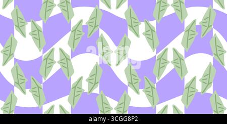 Seamless Origami Paper Boat Pattern. Green origami paper boats in flat cartoon style. Seamless playful pattern on purple and white background. Stock Vector