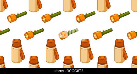 Seamless Camping Thermos Flashlight Pattern. Cartoon camping thermos and flashlight in flat style. Seamless outdoor travel gear pattern on white backg Stock Vector