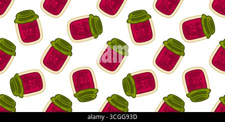Seamless Raspberry Jam Jar Pattern. Cartoon raspberry jam jars with green lids in flat style. Seamless sweet homemade food pattern on white background Stock Vector