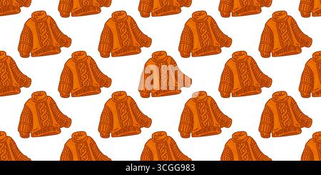 Seamless Cartoon Winter Sweater Pattern. Orange cartoon sweaters with knitted pattern in flat style. Seamless cozy winter clothing pattern on white ba Stock Vector