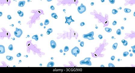 Seamless Cartoon Purple Fish Pattern. Purple cartoon fish with bubbles and starfish in flat style. Seamless marine animal pattern on white background. Stock Vector
