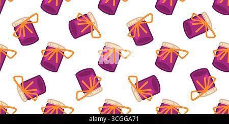 Seamless Cartoon Jam Jar Pattern. Purple cartoon jam jars with orange bows in flat style. Seamless sweet food pattern on white background. Stock Vector