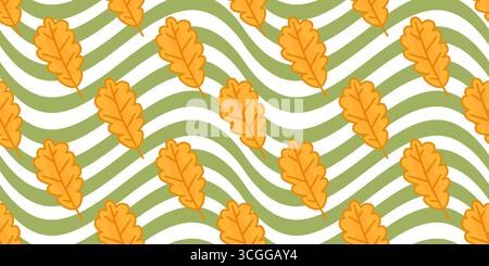 Seamless Cartoon Autumn Oak Pattern. Yellow cartoon oak leaves in flat style. Seamless autumn foliage pattern on green wavy background. Stock Vector