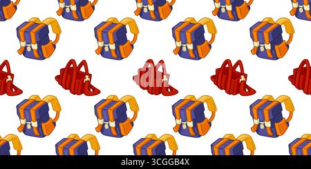 Seamless Cartoon School Bag Pattern. Colorful school backpacks and bags in cartoon style. Flat seamless pattern on white background. Stock Vector
