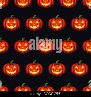 Seamless vector pattern with glowing Halloween pumpkins with faces on dark background in pixel art style. Stock Vector