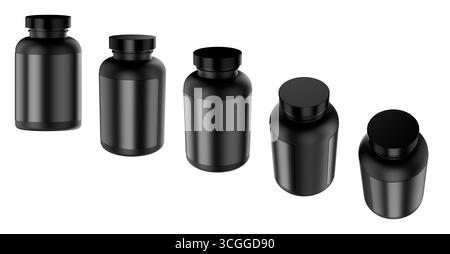 3D mockup of three glossy black jars for vitamins or dietary supplements isolated on a white background, with blank labels. Stock Photo