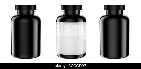 3D mockup of black jars for vitamins or dietary supplements isolated on a white background, with blank black and white labels. Stock Photo