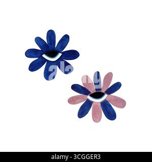 A watercolor illustration of a pair of stylized flowers in bright blue and soft pink hues, each featuring eyes, set against a white background. This w Stock Photo