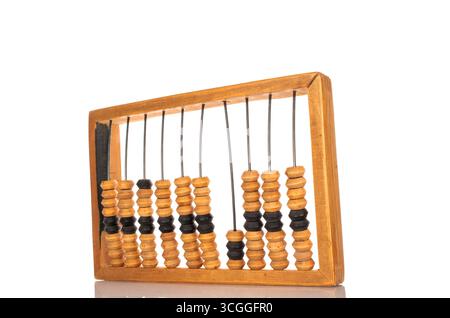 A calculator, which is a mechanical computing device for performing arithmetic operations, isolated on a white background, close-up. Stock Photo