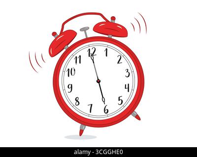 Illustration of a classic mechanical alarm clock with two bells and a hammer clangin. The clock face shows 6:00 AM, with motion lines Stock Vector