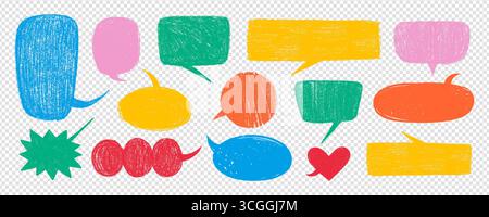 Crayon childish speech bubble vector set in red, blue, yellow and green on transparent background. Hand drawn talk and speech shapes with playful Stock Vector