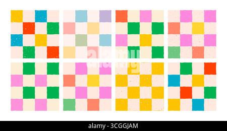 Playful checker pattern background with green, yellow, red, pink, blue and pastel squares. Fun seamless vector for kids party paper, wrapping or Stock Vector