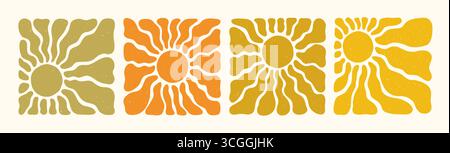 Retro sun or flower organic pattern set in earthy yellow and orange with groovy abstract wavy rays and textured background. Sun patterns with square Stock Vector