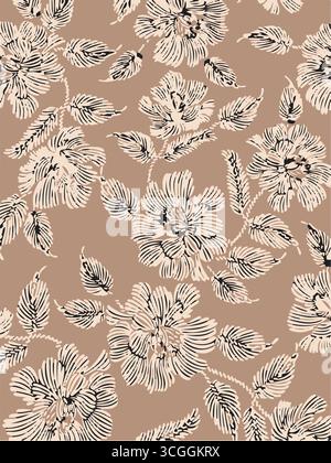 Floral seamless pattern features large, stylized white and pink magnolia flowers with a translucent or ghostly appearance on a solid terracotta Stock Vector