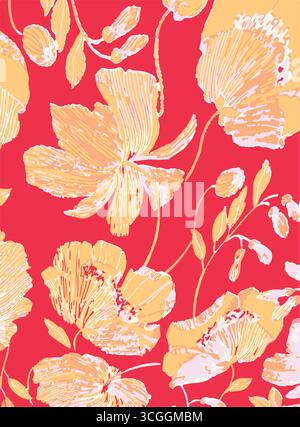 Floral seamless pattern features large, stylized white and pink magnolia flowers with a translucent or ghostly appearance on a solid terracotta Stock Vector
