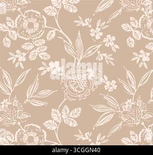 Floral seamless pattern features large, stylized white and pink magnolia flowers with a translucent or ghostly appearance on a solid terracotta Stock Vector
