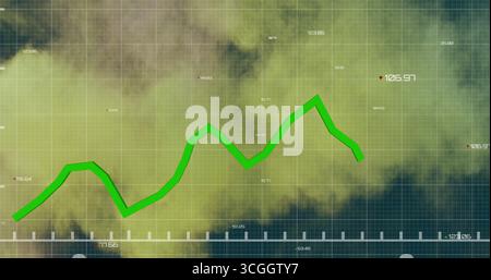 Showing green trend line over white grid on screen, with numeric labels, ticks, red downward arrow Stock Photo
