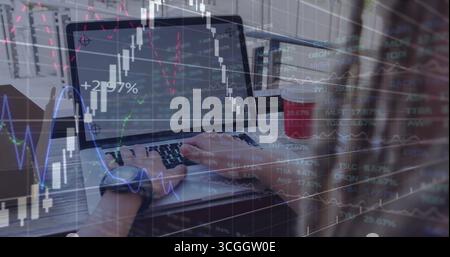 Analyzing stock market charts man wearing smartwatch working on laptop on balcony, with coffee cup Stock Photo