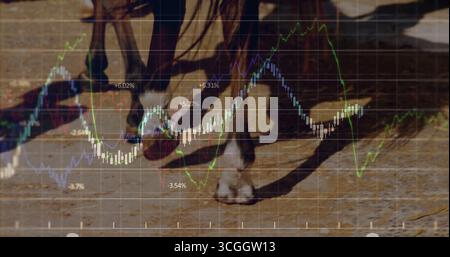Displaying horse hooves kicking up dust on dirt track, with market chart overlay, percentage labels Stock Photo