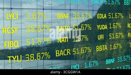 Displaying semi-transparent grid overlay over river valley, with alphanumeric codes and percentages Stock Photo