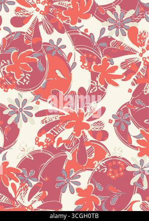 Floral seamless pattern features large, stylized white and pink magnolia flowers with a translucent or ghostly appearance on a solid terracotta Stock Vector