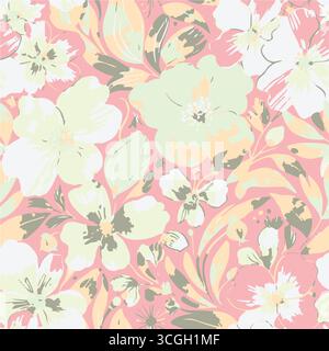 Floral seamless pattern features large, stylized white and pink magnolia flowers with a translucent or ghostly appearance on a solid terracotta Stock Vector