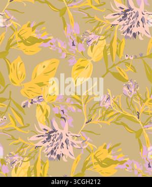Floral seamless pattern features large, stylized white and pink magnolia flowers with a translucent or ghostly appearance on a solid terracotta Stock Vector